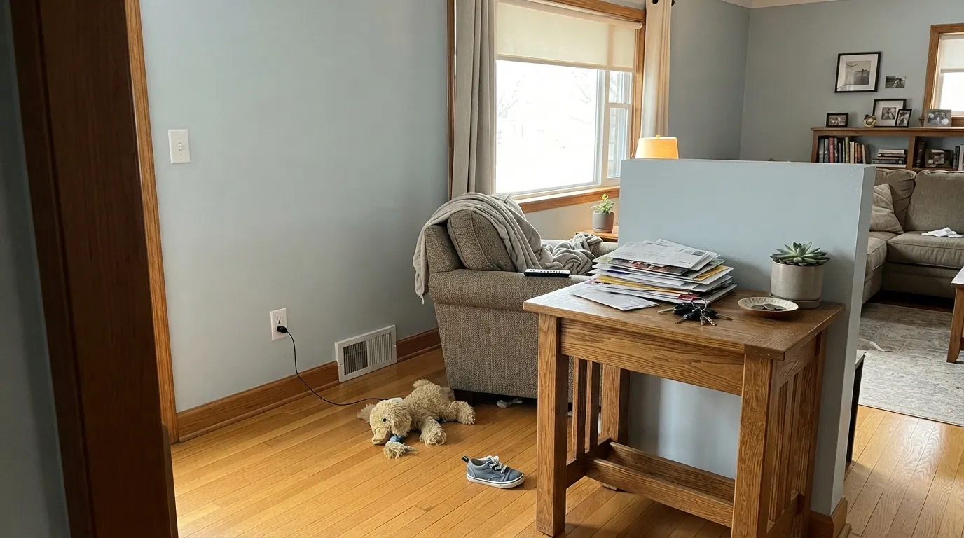 The honest shot: against honey oak, the cool blue-gray goes chalky and the warm floor goes more orange — the one flooring this color can't make peace with.