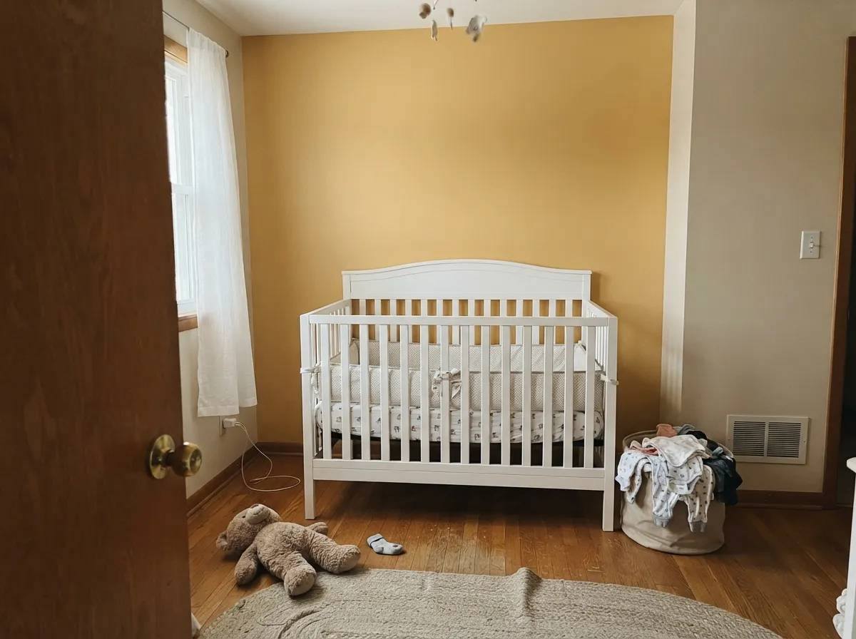 One accent wall keeps the cheer without overwhelming a small room — the classic nursery move.