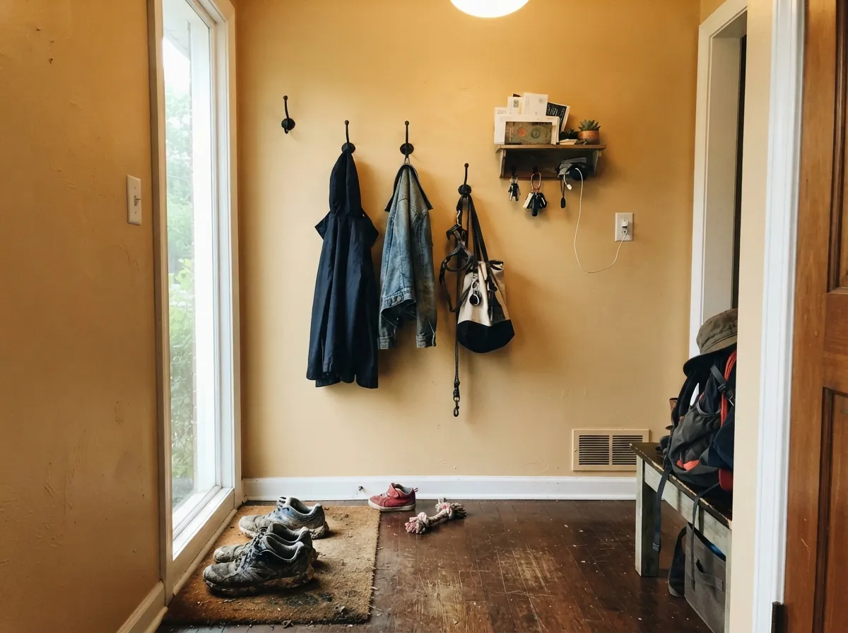 Black hardware gives the honey wall the anchor it needs — a small room that can take the full saturation.