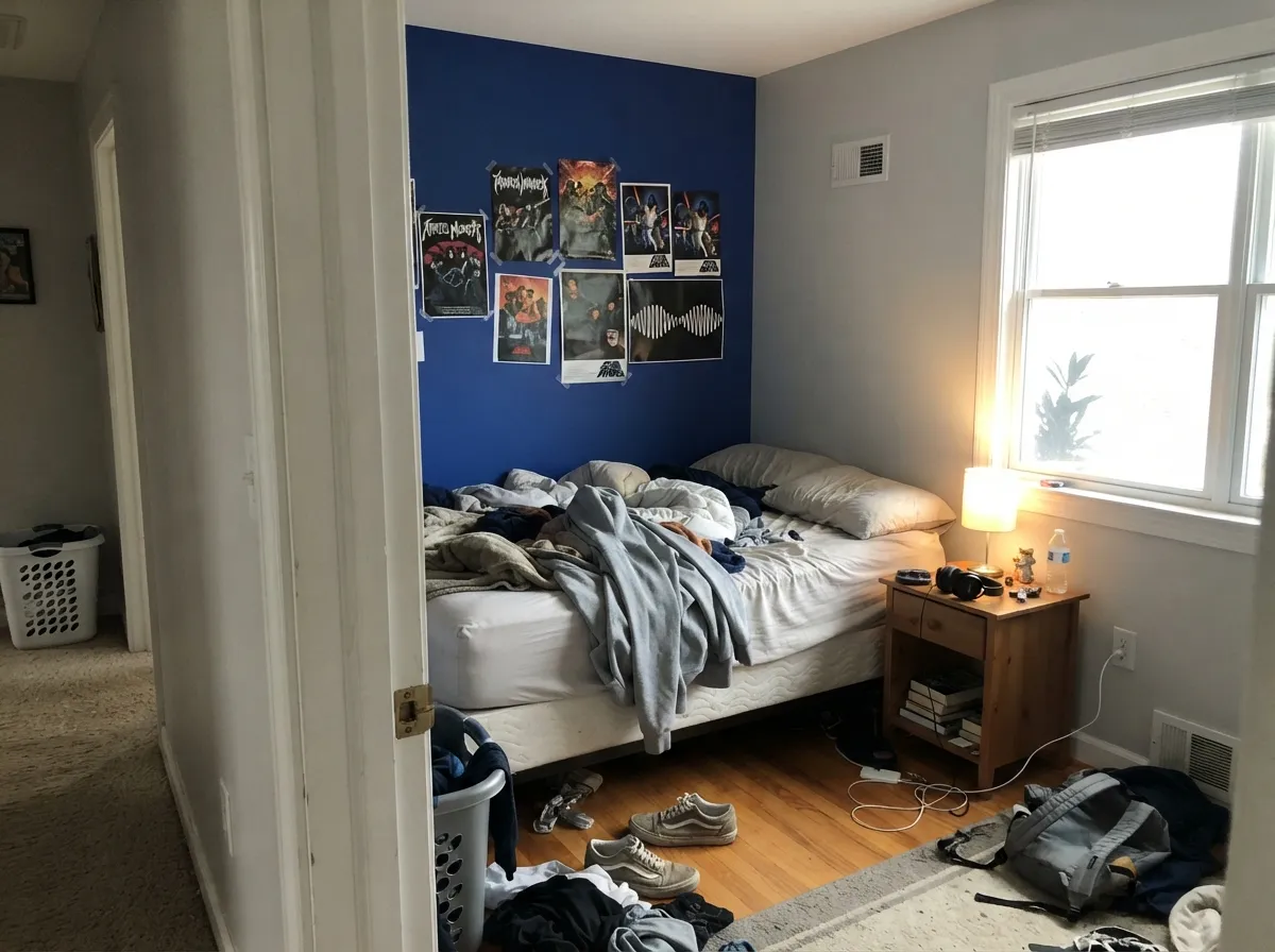 In a teen's room the same blue reads bold instead of babyish — one saturated wall, light gray on the rest.
