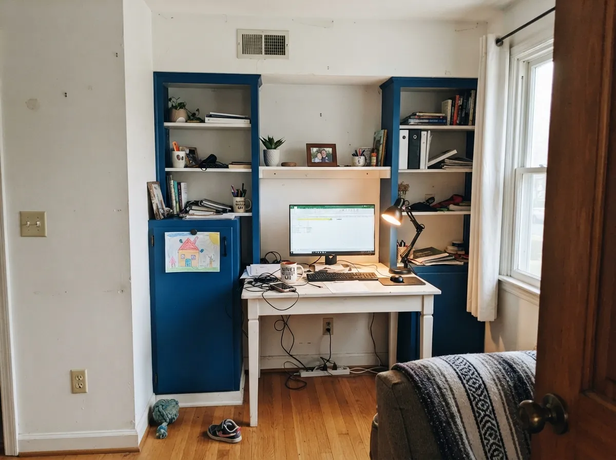 Built-ins are the safest dose: satin Hyper Blue on shelf backs against white shelving looks custom for a weekend of work.