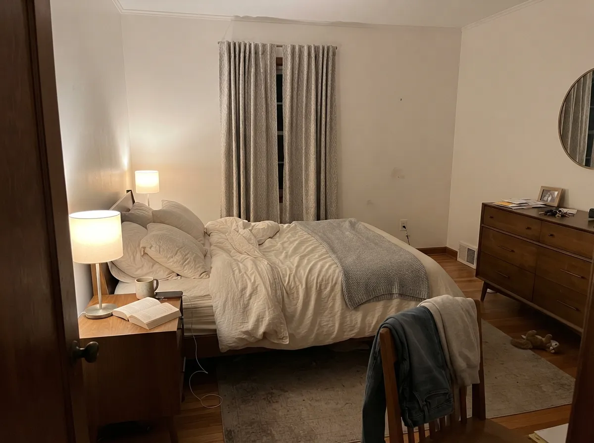 Under warm 2700K lamps the soft blush comes forward and the walls go cozy — never the buttery yellow a cream white would show.