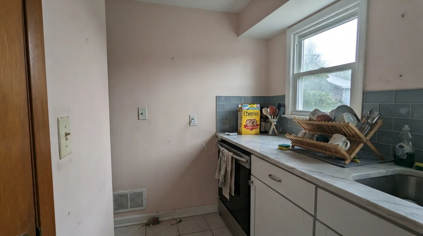 The honest shot: beside cool gray quartz and a brighter builder-white ceiling, Ibis White stops reading as white and goes visibly pink — the exact complaint behind its bad reviews.