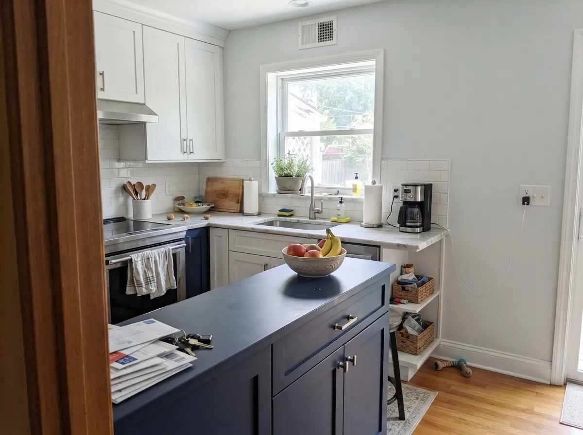 Against a navy island and cool stone, the pale walls read deliberate — the contrast gives them a job to do.
