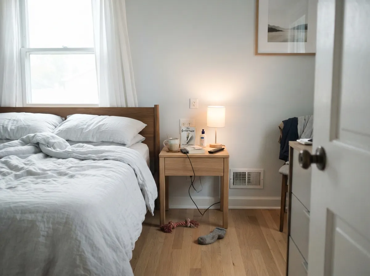 With steady morning light and white oak furniture, the ambiguity resolves into a calm, quiet cool white.