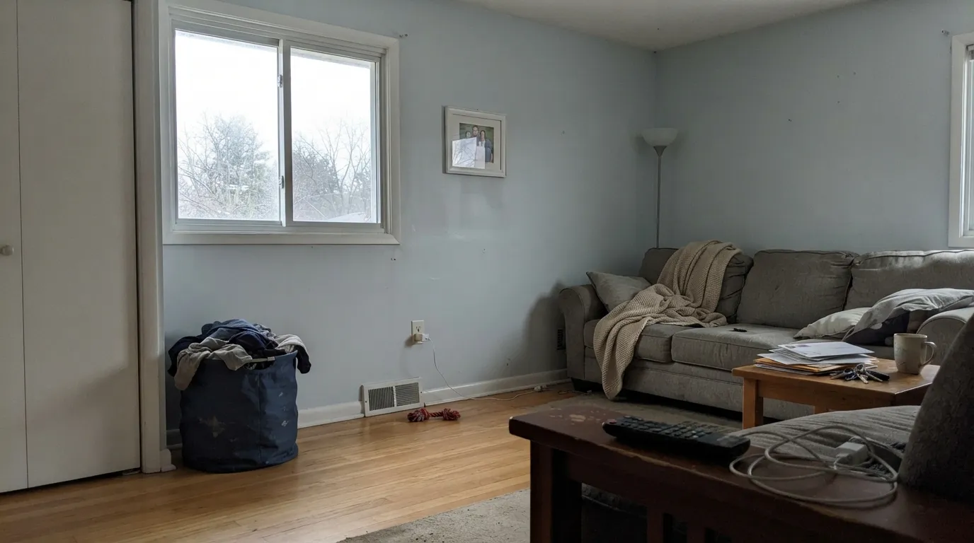The honest shot: north light, overcast, no lamps. Ice Cube reads a pale, chalky blue-gray here — not the crisp white the chip promised. This is the light behind every "is this paint blue?" post.