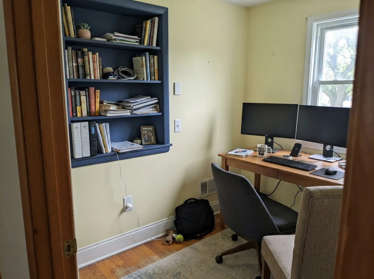 Navy shelving is what stops a yellow room from reading like a preschool — the contrast makes the wall color look chosen.