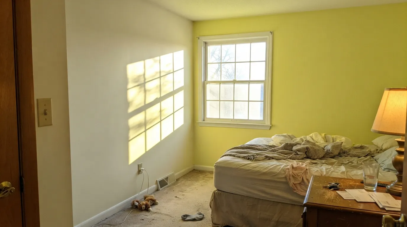 The honest shot: hard afternoon sun saturates a pale yellow well past pastel and bounces it onto the ceiling — the single most common surprise with this color.