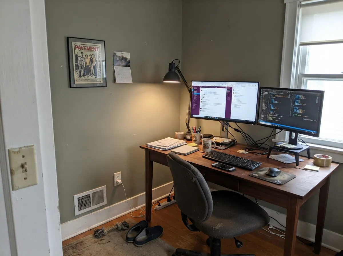 In strong south daylight the wall reads a true, foggy sage-gray — grounded enough for a working room without going dark.