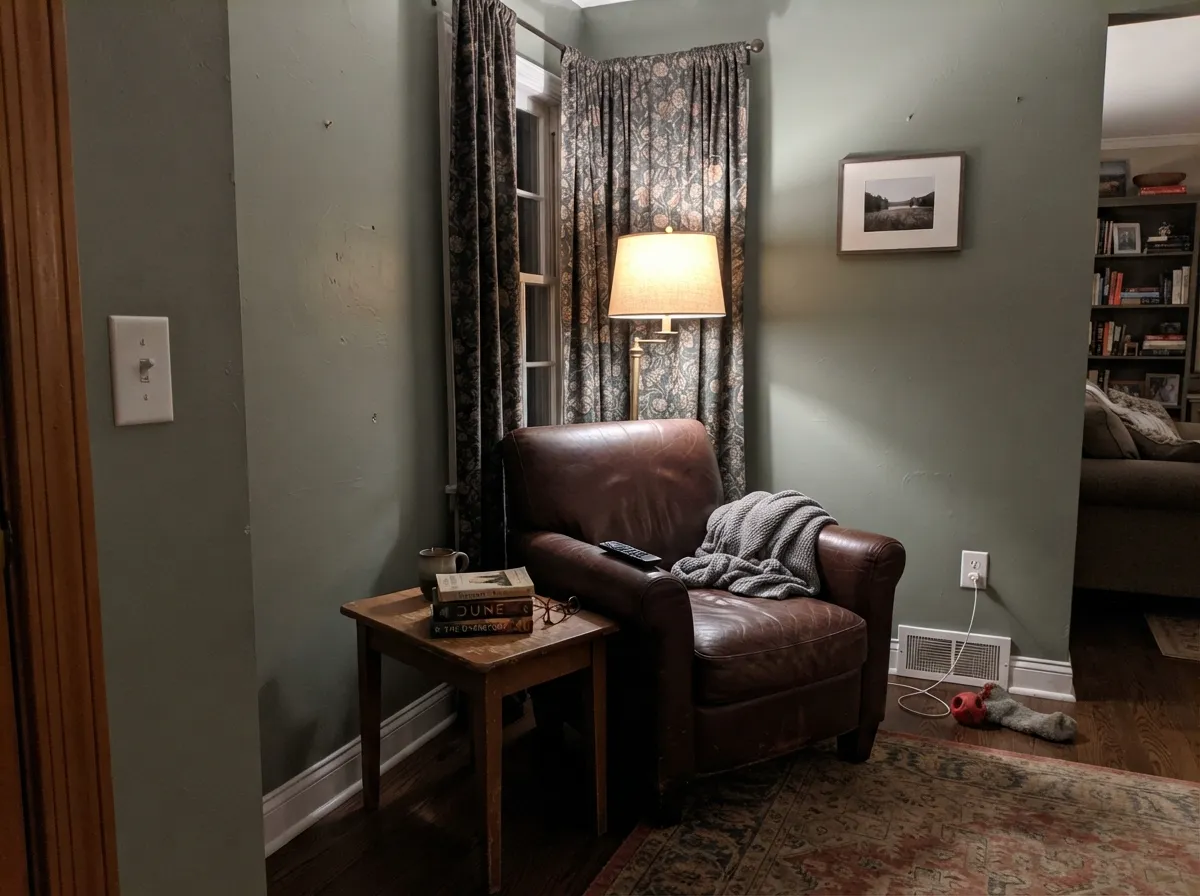 Under warm lamplight at night the color settles into a soft, cozy sage — the mood it was named for.