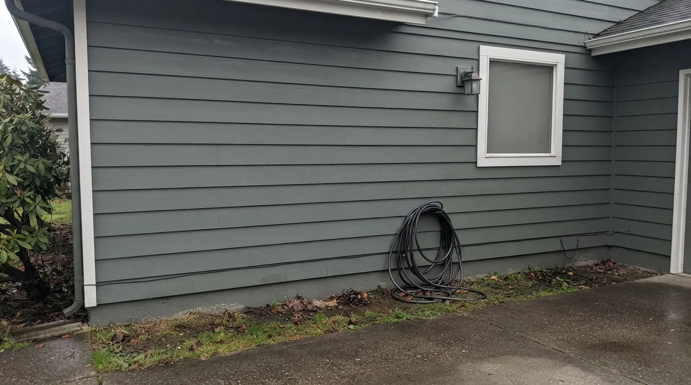 The honest shot: on a shaded wall under an overcast sky, the green disappears completely and Illusive Green just reads gray — the exact complaint behind most of its exterior regrets.