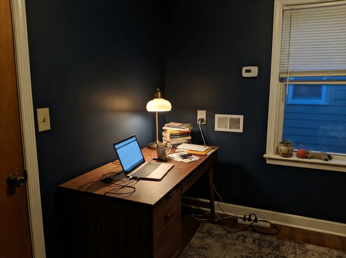 Under warm lamp light in a den it settles into a calm near-black — moody on purpose, not a letdown.