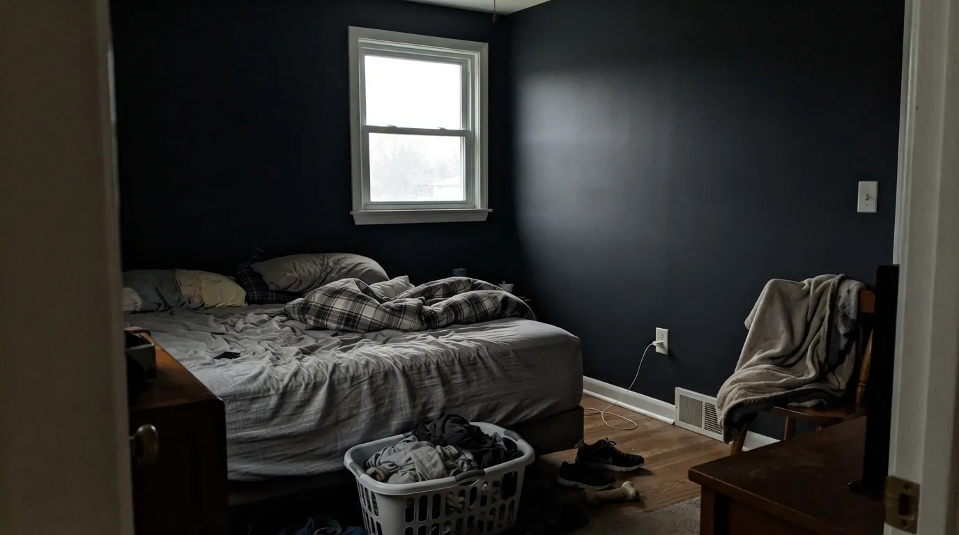 The honest shot: one small window, overcast light, no lamps on — the blue vanishes completely and the room just reads black. This is exactly the situation the "skip if" warning describes.