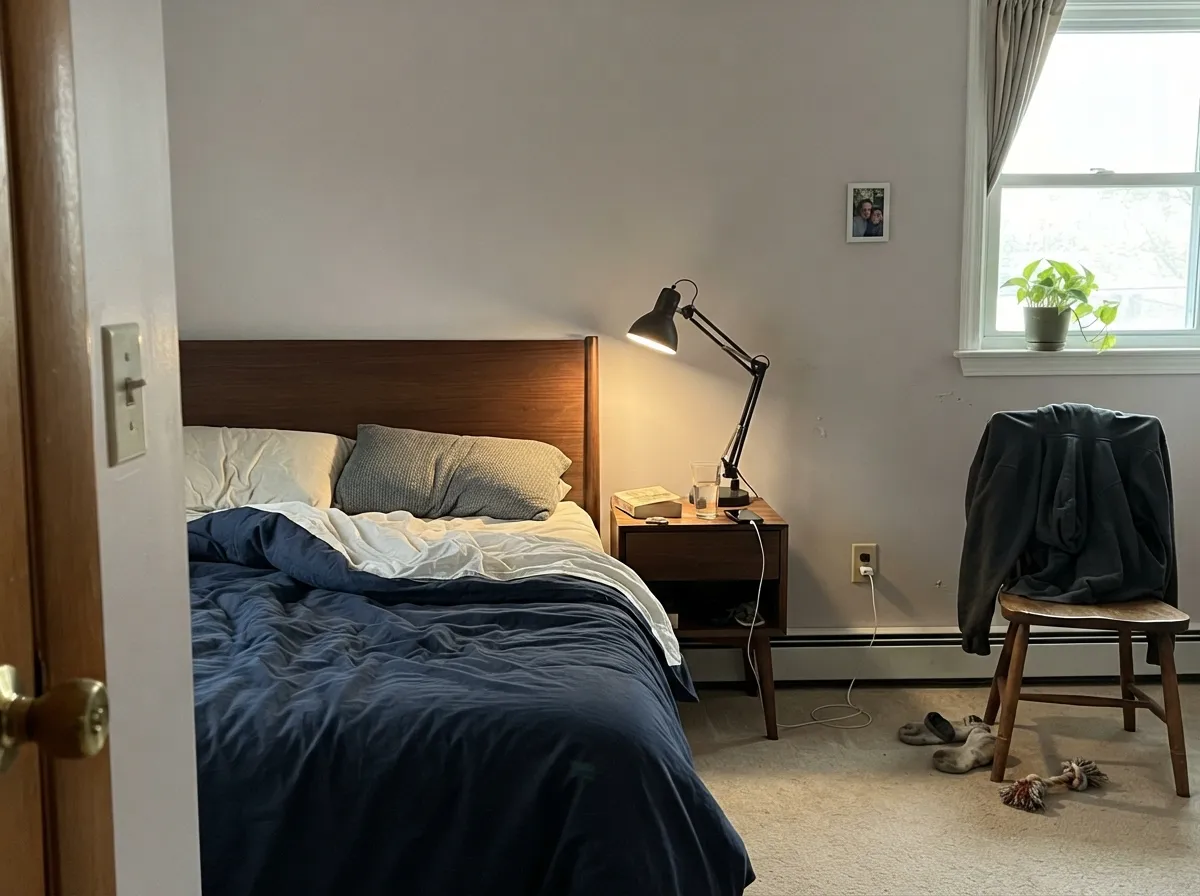 Its best room: east light brings the pink forward into a warm, dusty glow against the dark walnut.