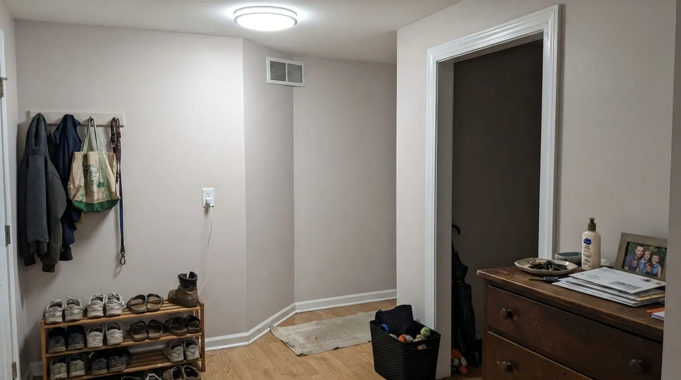The honest shot: cool LED light next to brighter trim, and the violet undertone reads as an unwashed lavender-gray film — the exact complaint behind the "it looked purple" reviews.