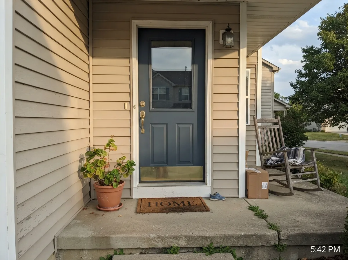 In real afternoon sun the door reads a clear, tailored denim-blue against warm-beige siding — its best exterior job.