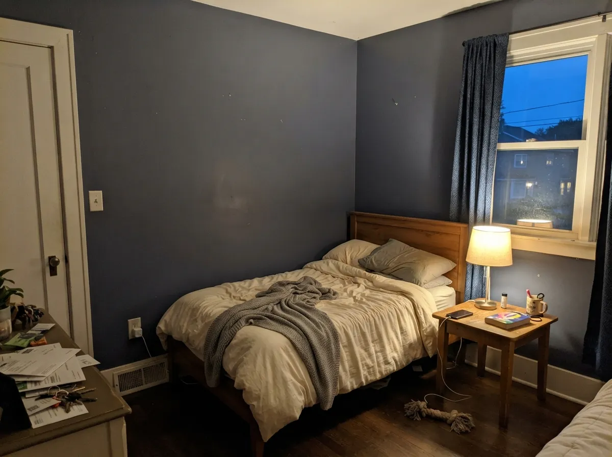 Under a warm bedside lamp at night the blue visibly leans violet — the shift this color is known for, not a defect.