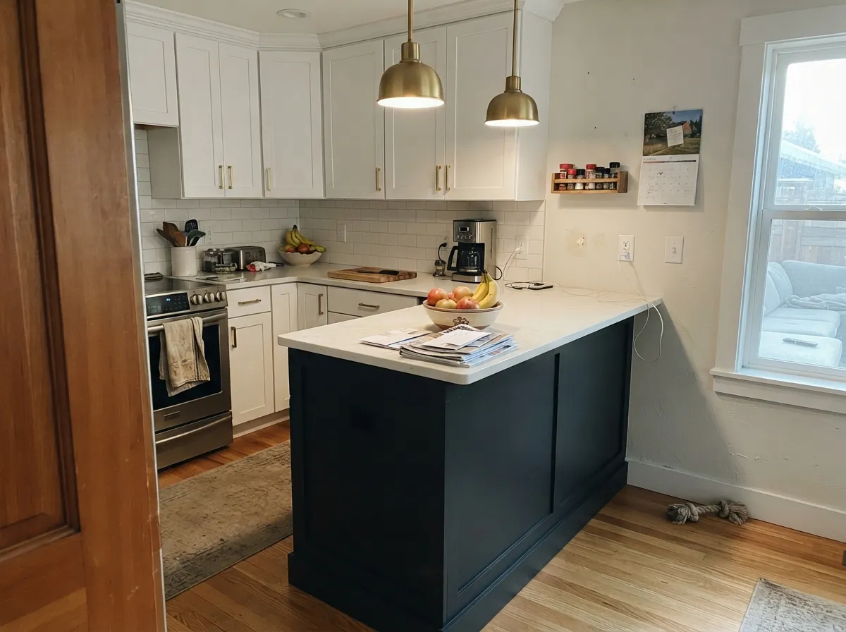 The island move: with pendant light on it and a bright room around it, Inkwell reads sophisticated, not heavy.
