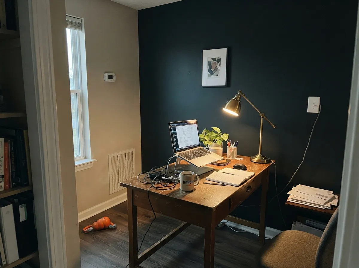 With a warm lamp on it and lighter walls around it, one Inkwell wall anchors a small office instead of swallowing it.