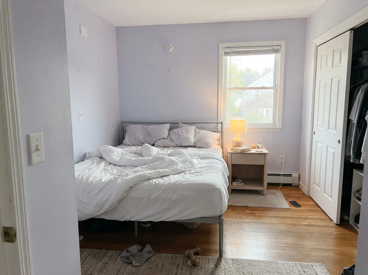 In a bedroom with real morning light, the cool lilac stays calm and grown-up, not pastel.