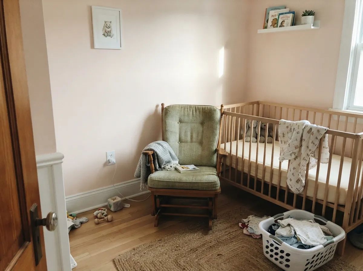 In a nursery it reads gender-neutral and calm — paired with a muted sage accent instead of anything themed or sugary.
