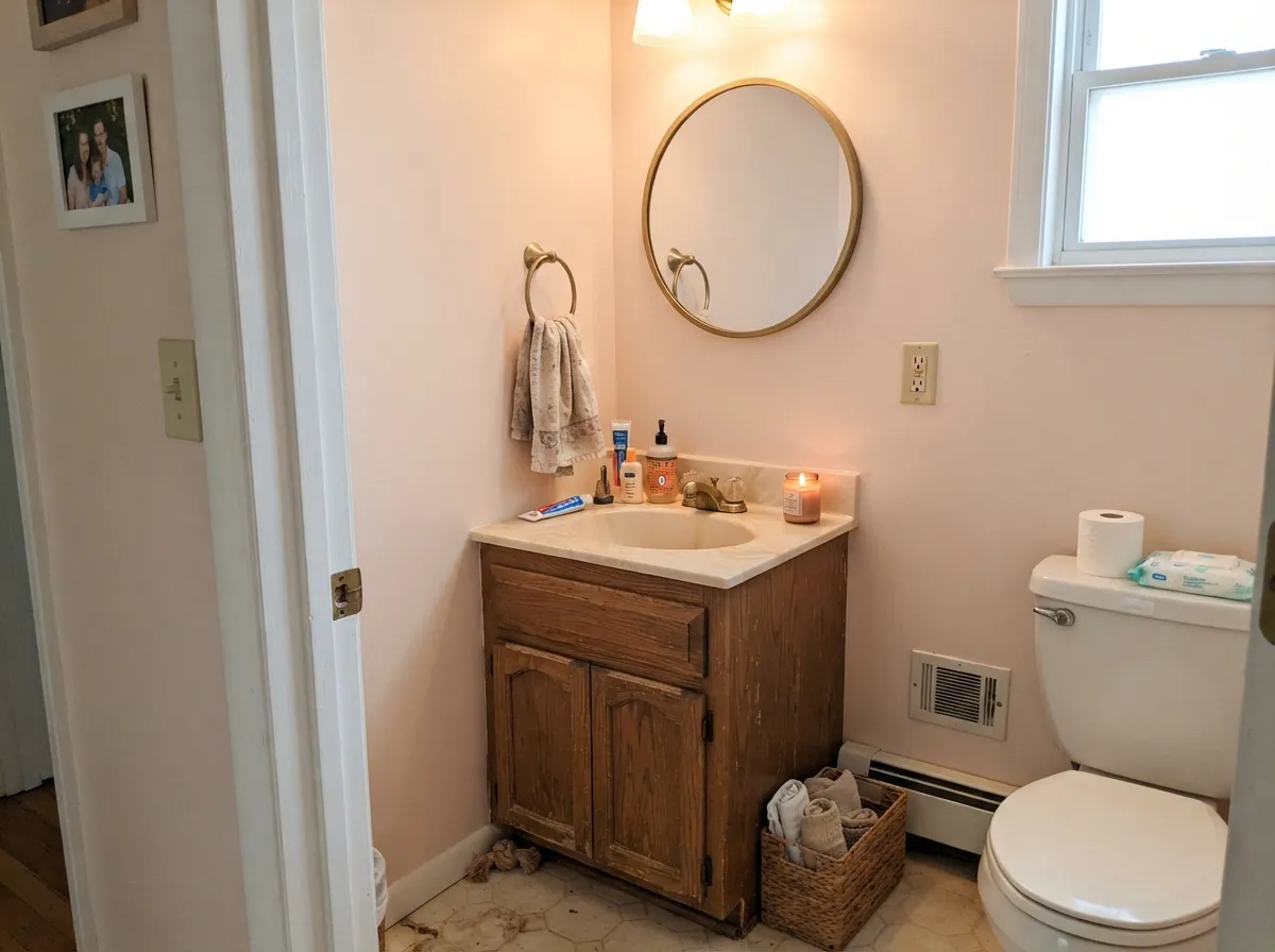 With brass, warm wood and cream stone, the blush undertone looks deliberate and pretty — its best small-room job.