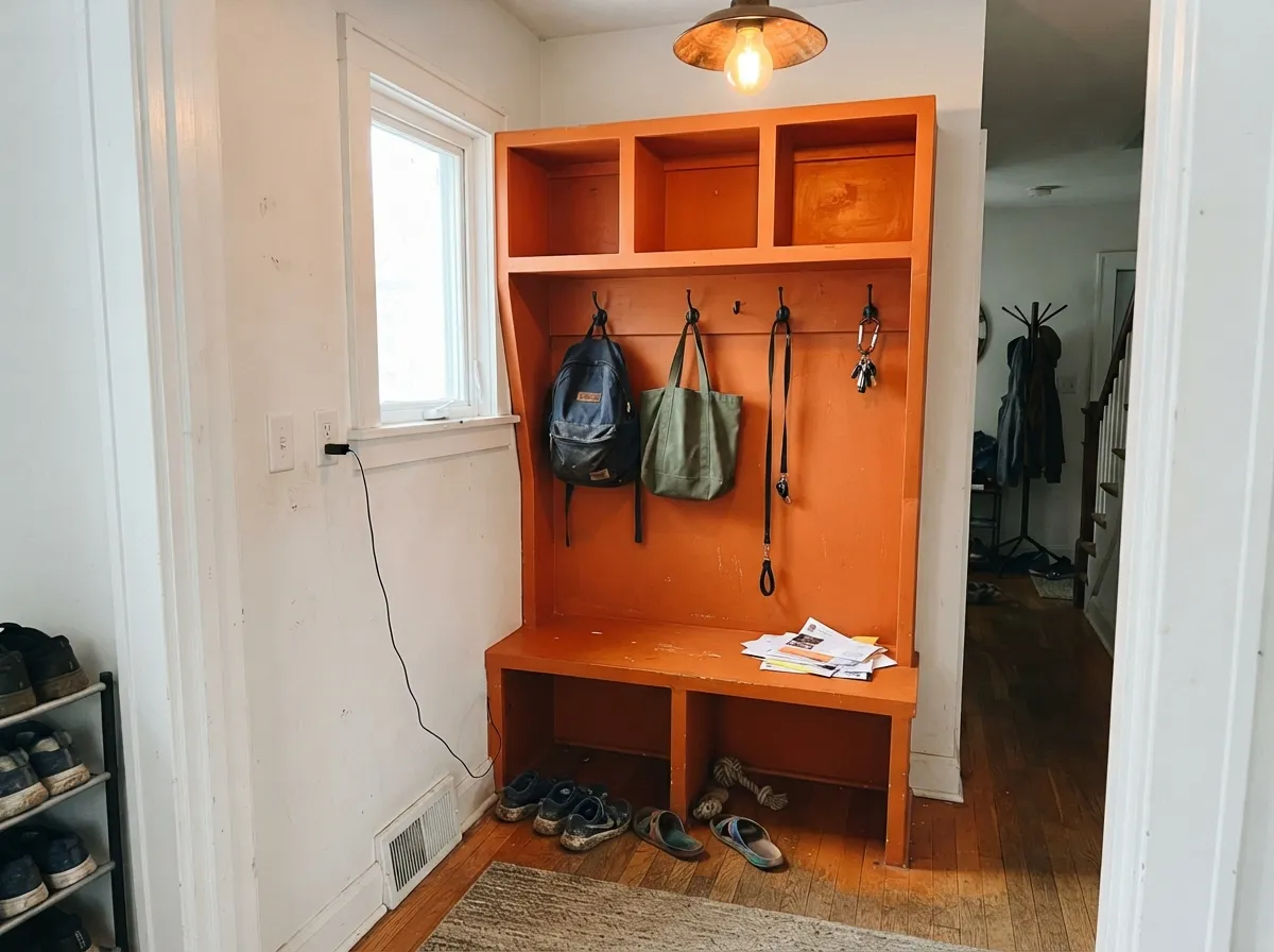On small surfaces the color reads designed rather than loud — orange cubbies and bench against Alabaster walls, with black hooks keeping it modern.