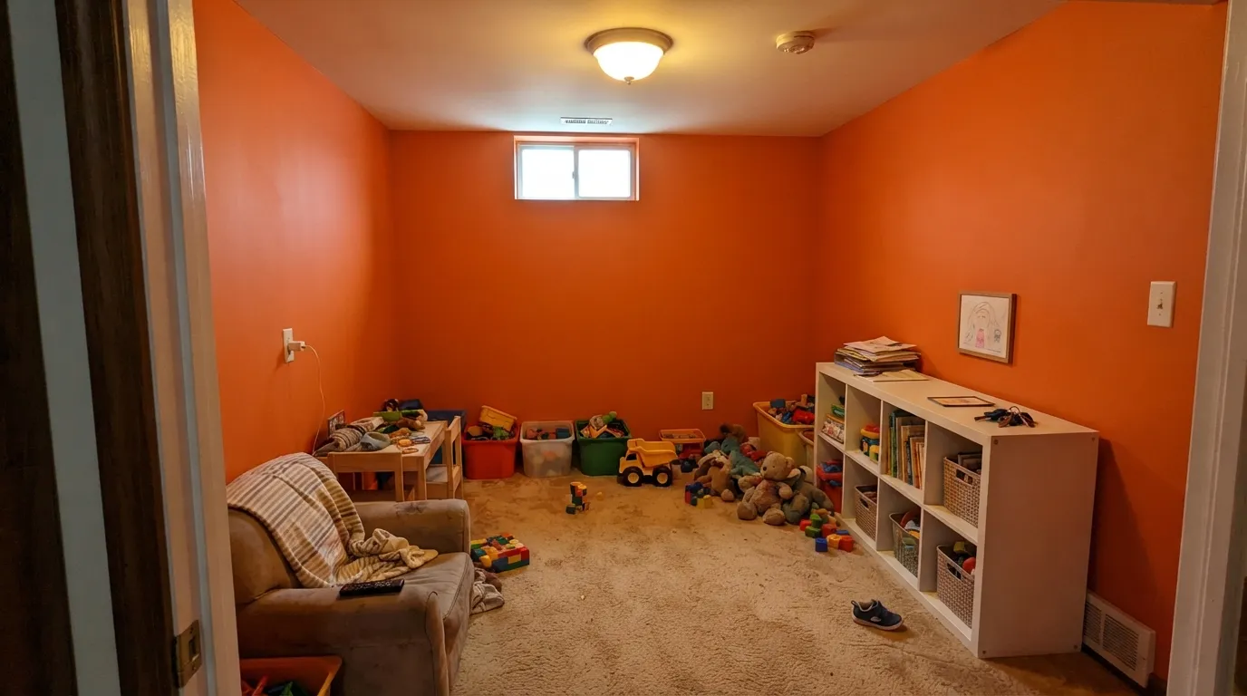 The honest shot: all four walls in a dim room. At LRV 29 the orange eats the light, goes rust in the corners, and throws colored bounce onto everything white in the room.