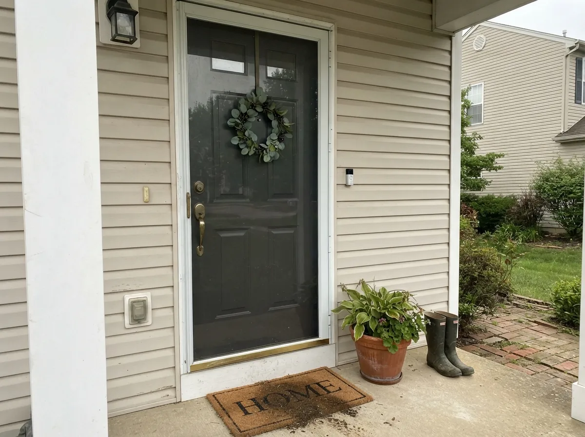 Iron Ore front door in semi-gloss against light siding with brass hardware.