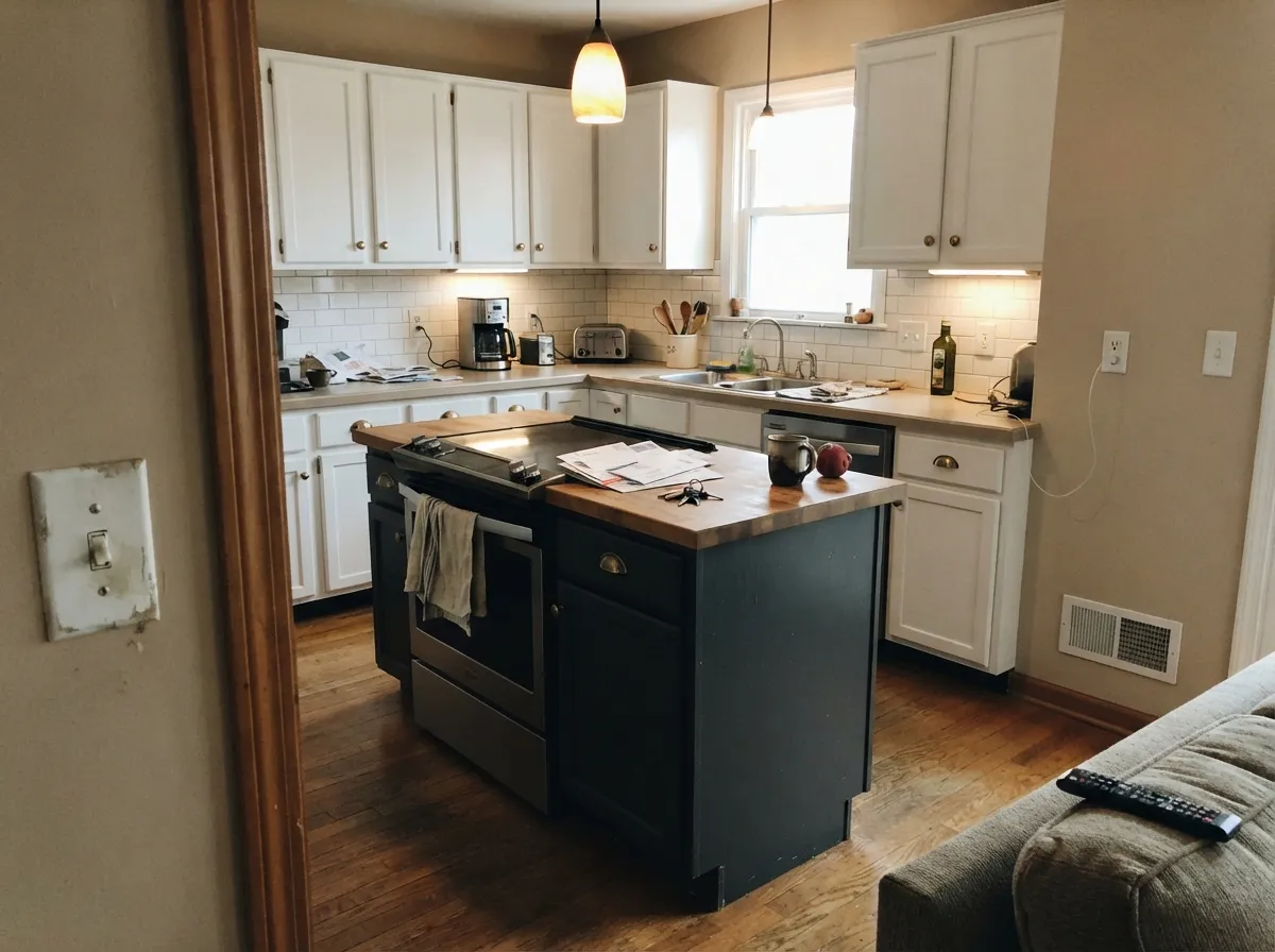 Iron Ore kitchen island with white perimeter cabinets and brass pulls.
