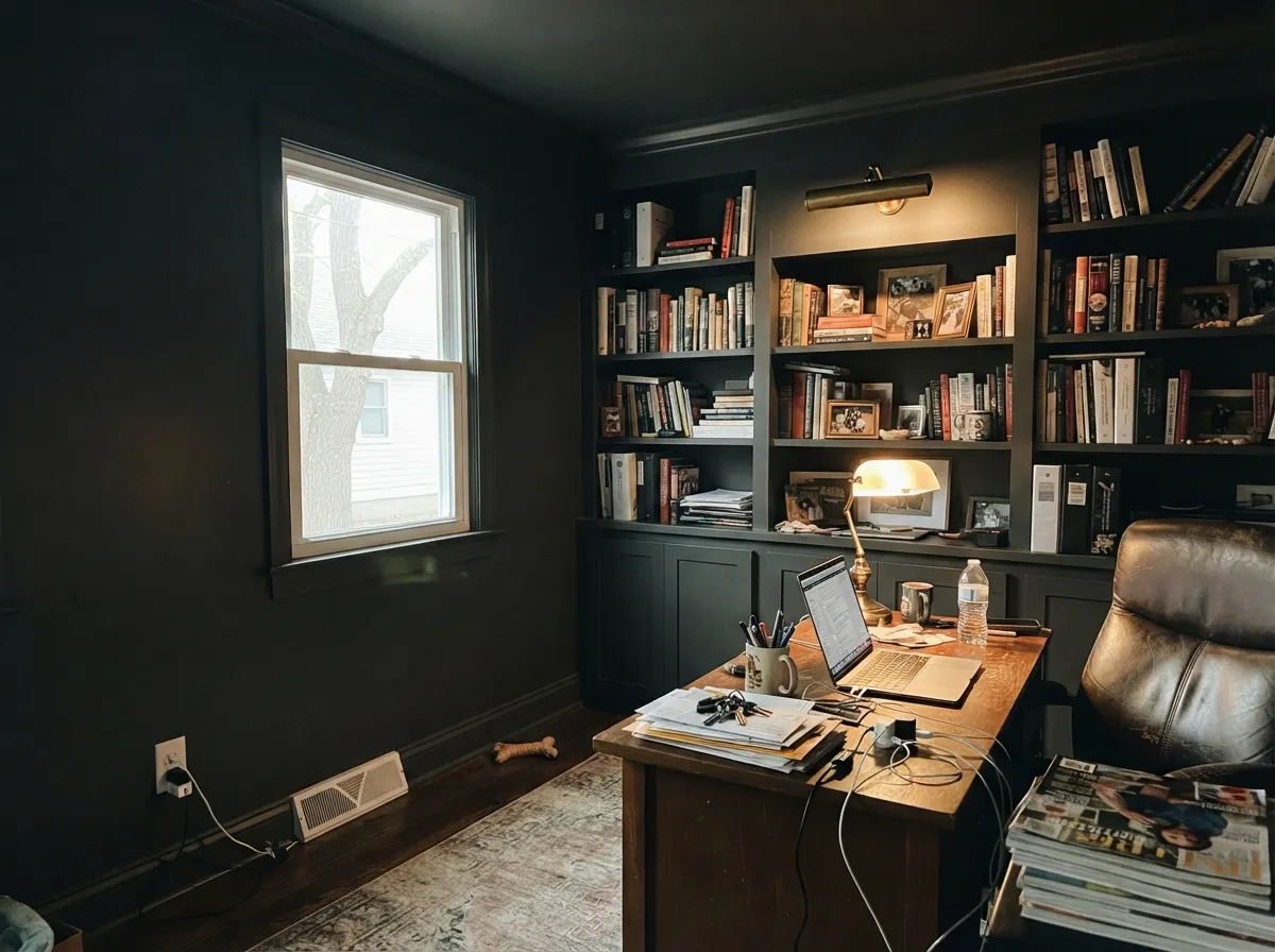 Iron Ore color-drenched home office with matching trim, bookcases, and ceiling.