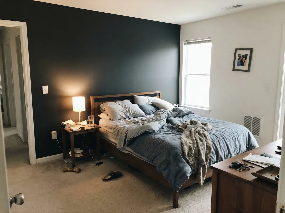 Iron Ore accent wall behind the bed headboard.