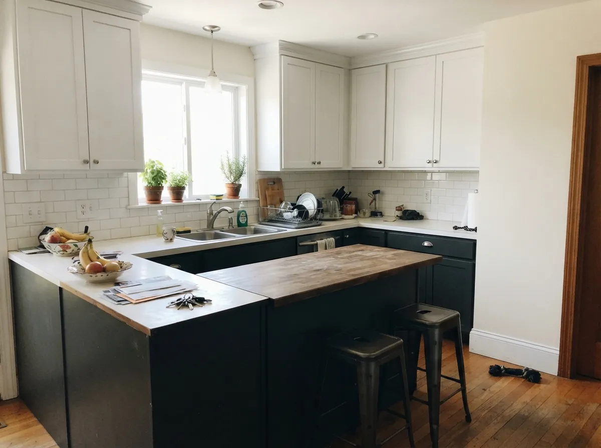 In strong daylight the island shows its charcoal side and the shaker edges stay readable — the thing a true black would flatten.