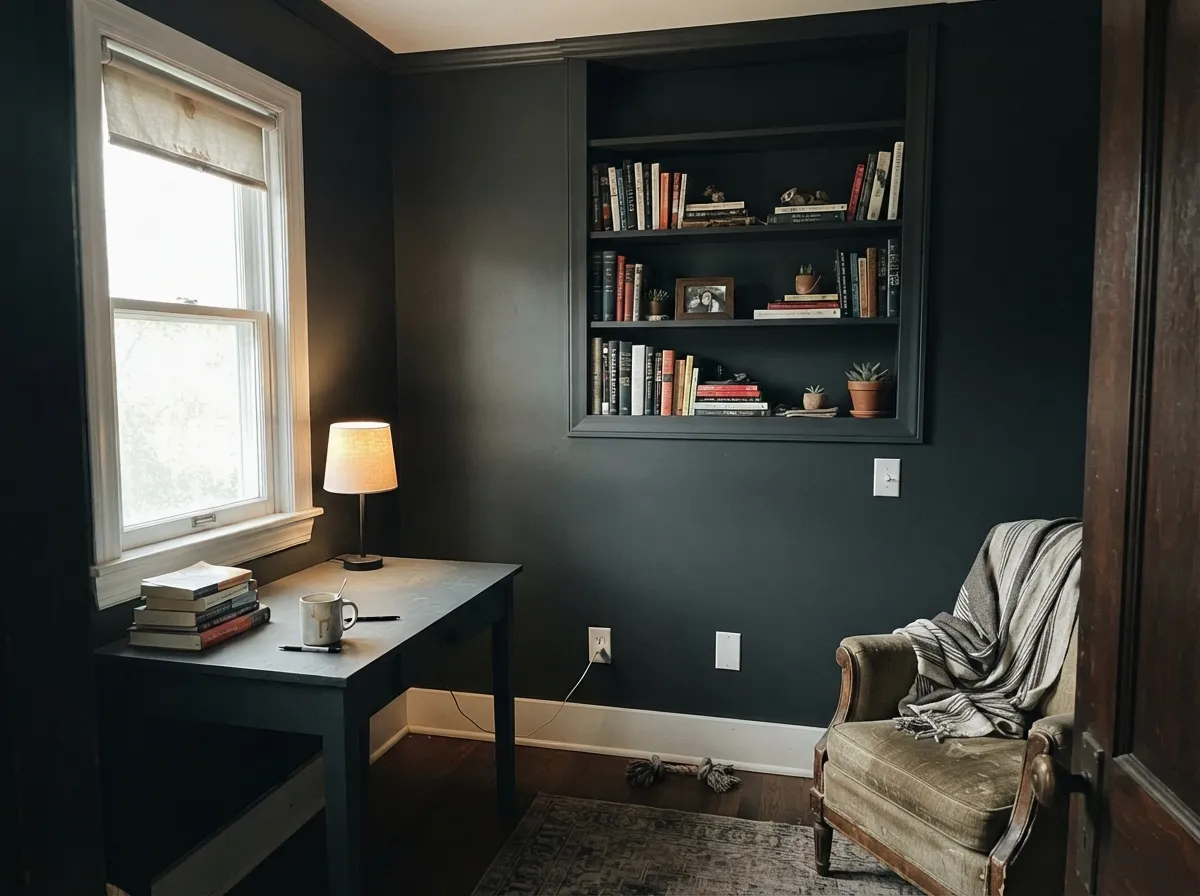 Color-drenched with the trim painted too, so there are no pale lines cutting the room up — the lamp is doing real work here.
