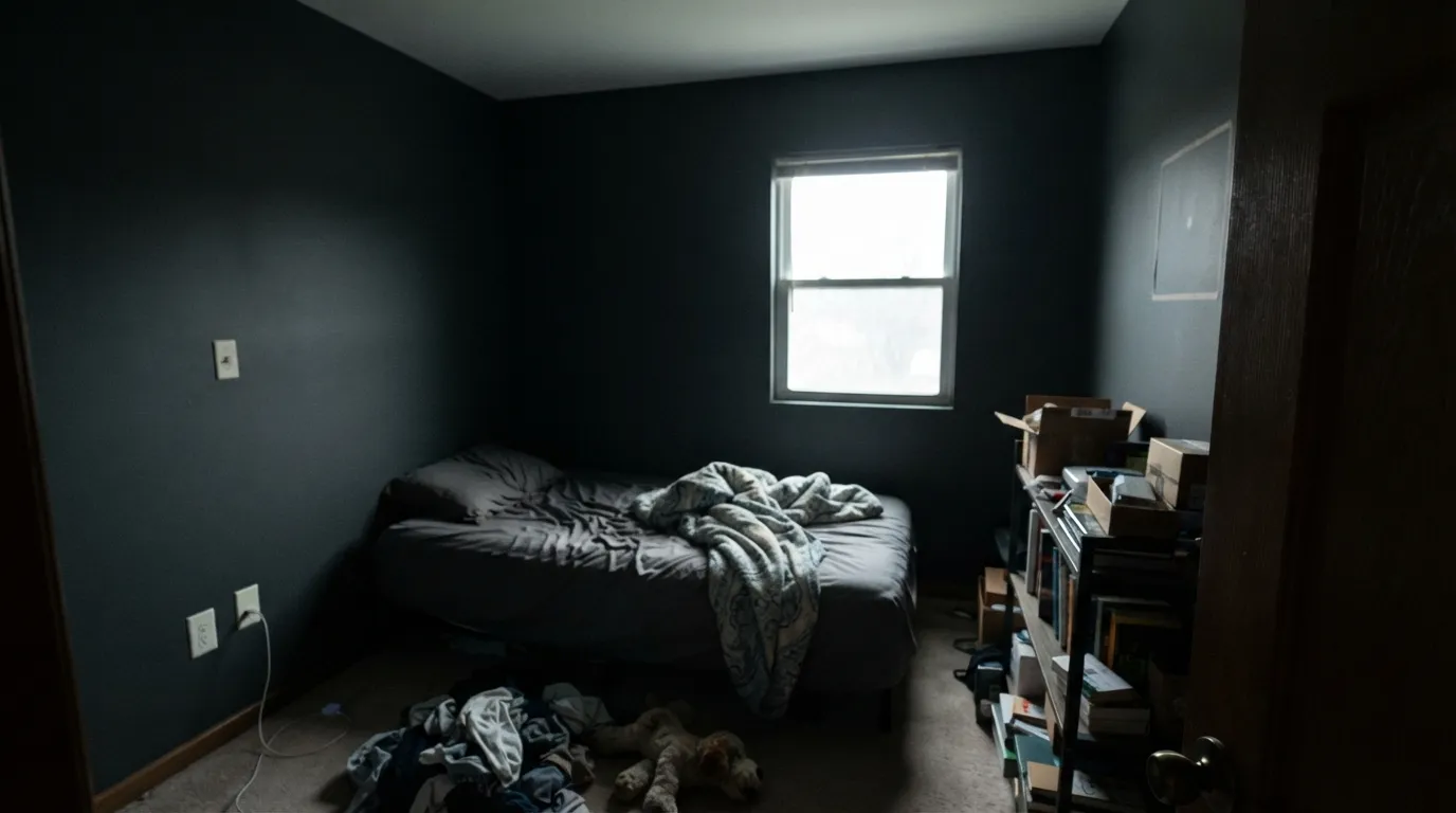 The honest shot: at LRV 6 in a dim north room with no lamps on, the corners vanish and the space closes in — the regret people actually write about.