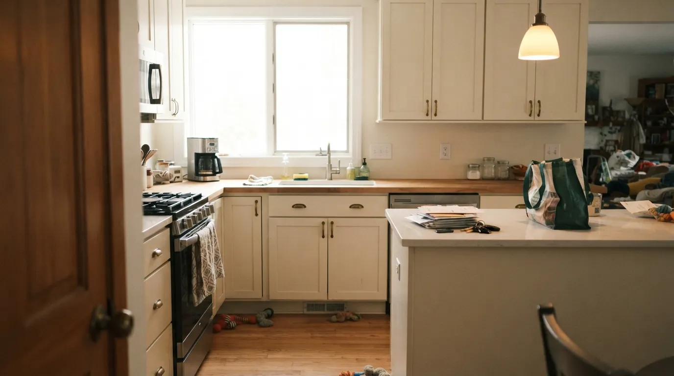 Ivory Lace shaker cabinets in real daylight — the trade's quiet default, and it's easy to see why with brass and butcher block.