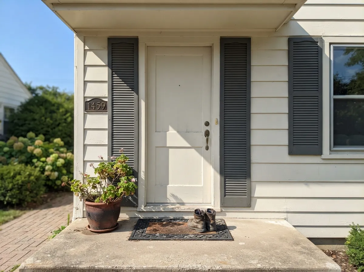 Outside, full sun reads it cleaner and brighter than any interior shot — a classic farmhouse pairing with charcoal trim.