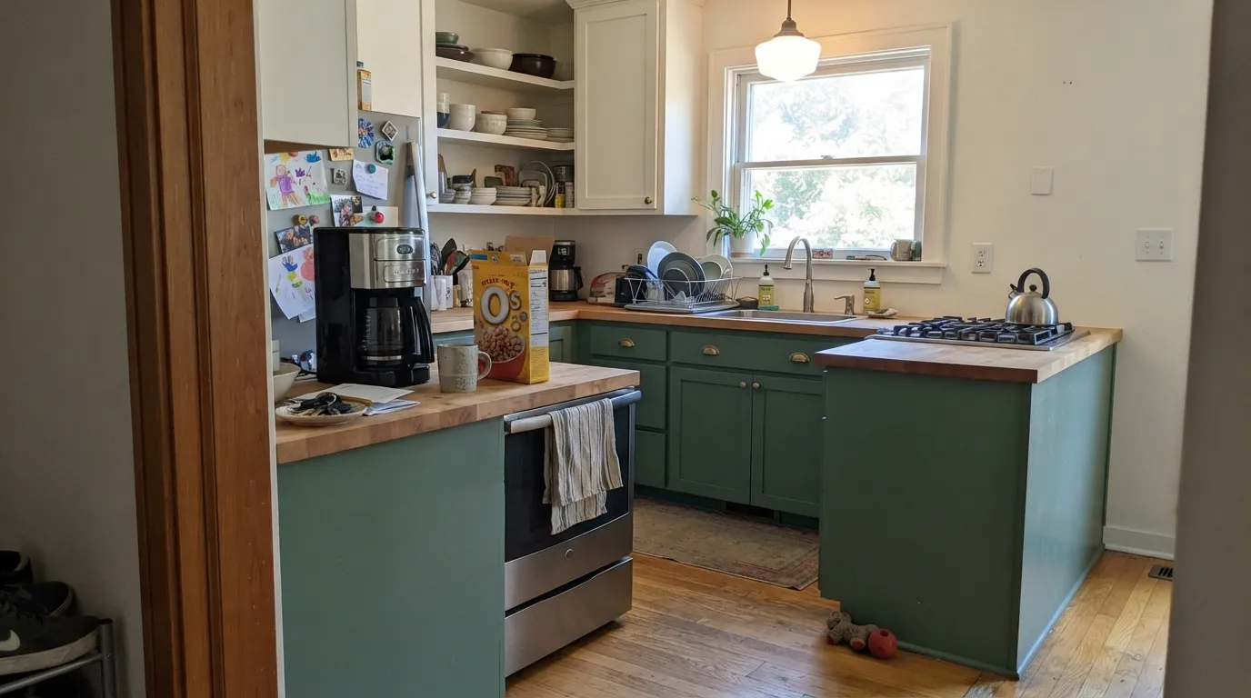 Jadite base cabinets under Alabaster uppers — real daylight is where the green reads clearly as jade instead of dark sage.
