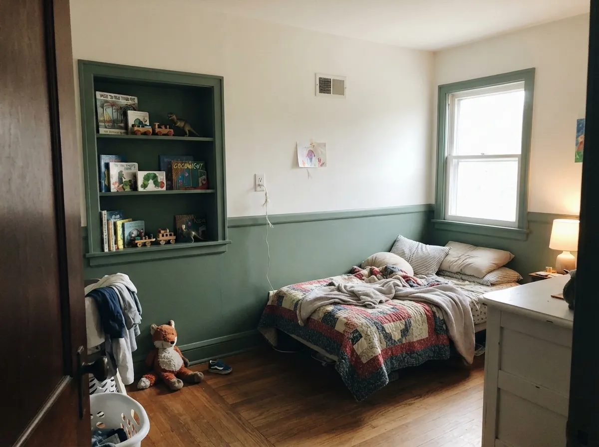 The kid-room version that works: green on the lower third and the bookcase, warm white above so the room still gives light back.
