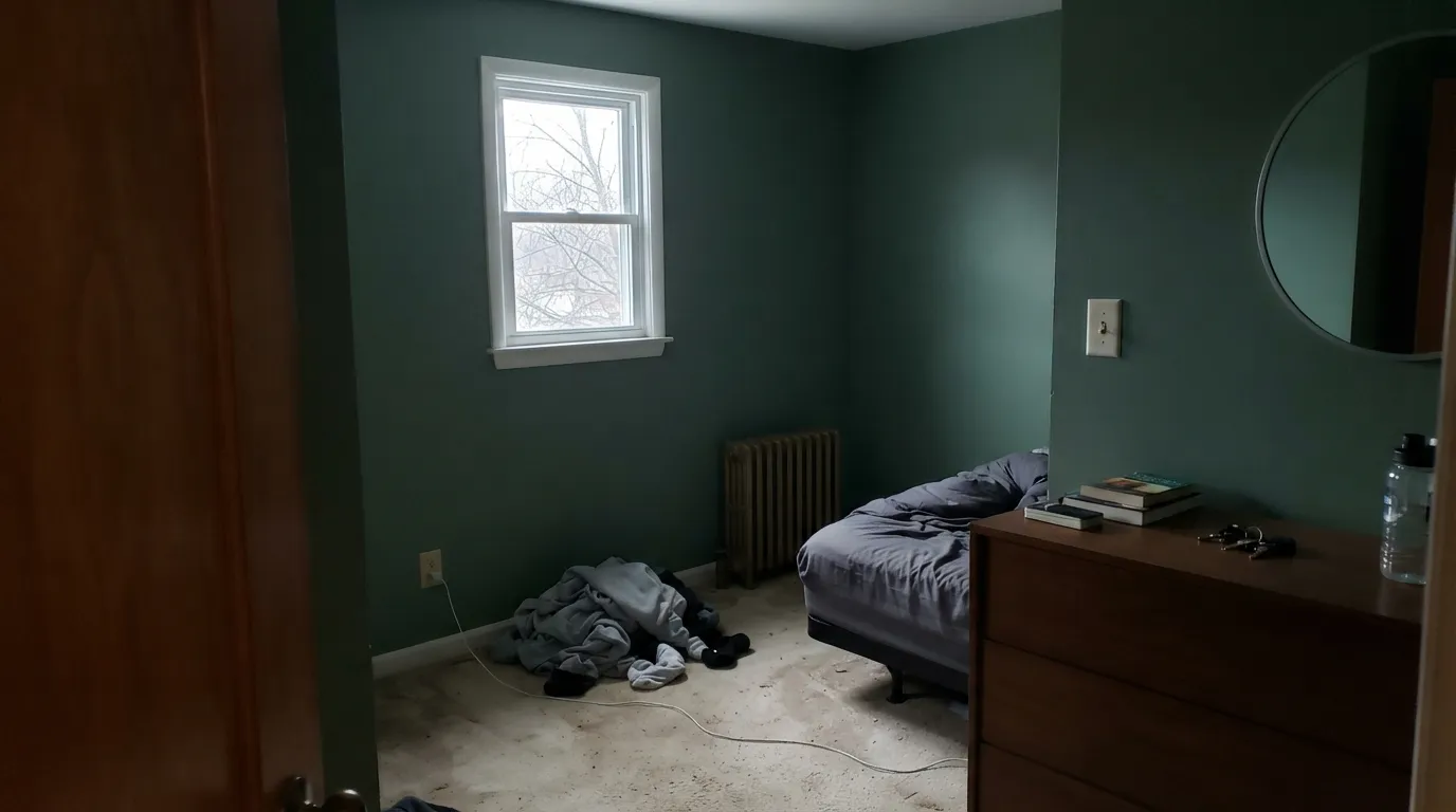 The honest shot: in a dim north room with no lamps, LRV 20 has nothing to work with and Jadite goes flat and near-black.