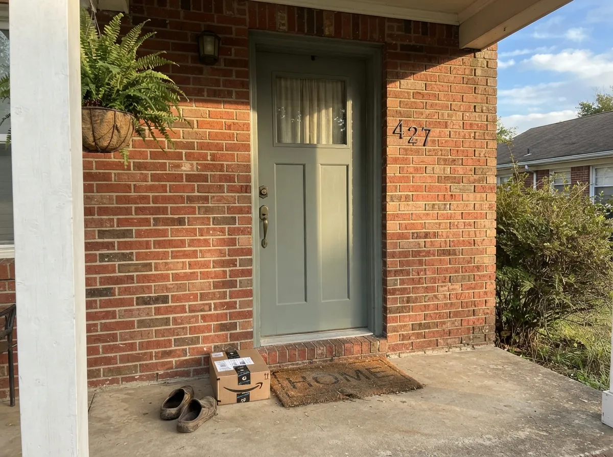 One of its few documented real-world jobs: a front door against brick, holding its color in full sun.