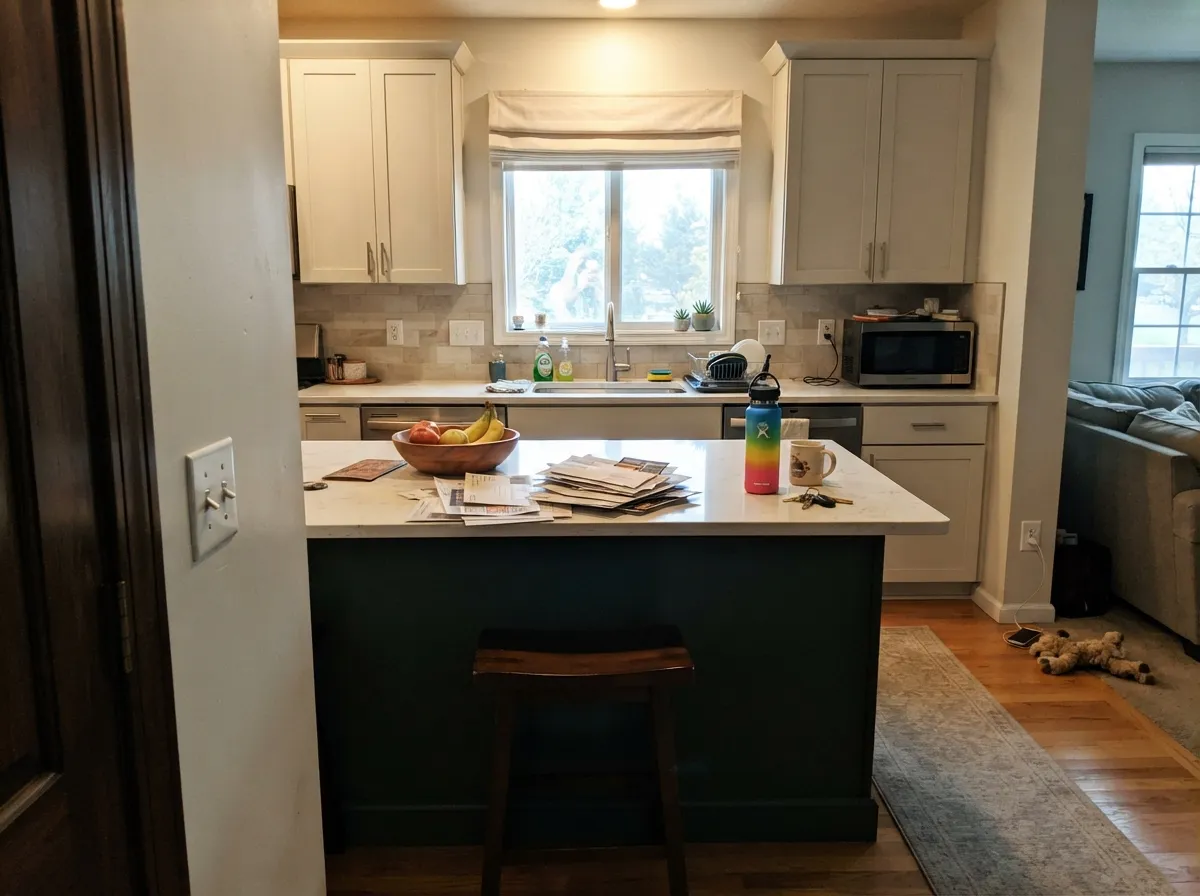 As an island under real window light, the green shows up clearly against a lighter perimeter — brass hardware warms it further.