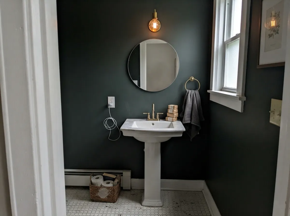 A small room with real light is where the color earns its jewel-box reputation — the same paint that looks black in a dim hallway looks deliberate here.