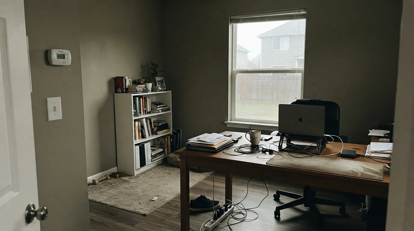 The honest shot: cool north light with no warm light source and a stark white trim. The green stops reading as earthy and starts reading as an accident — the exact complaint every review of this color mentions.