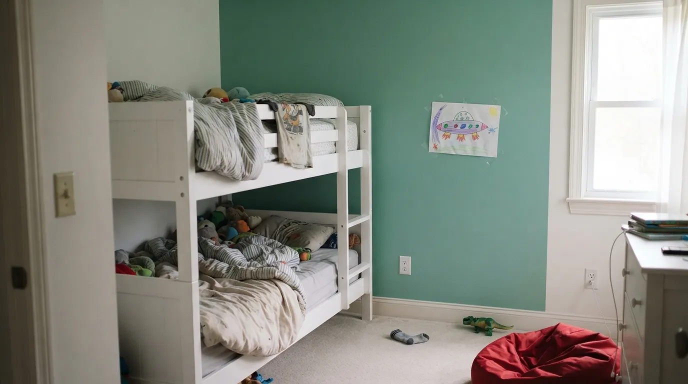 Julep on the bunk-bed wall with soft white everywhere else — a real green that reads playful without reading nursery, and still works when the kid turns eleven.
