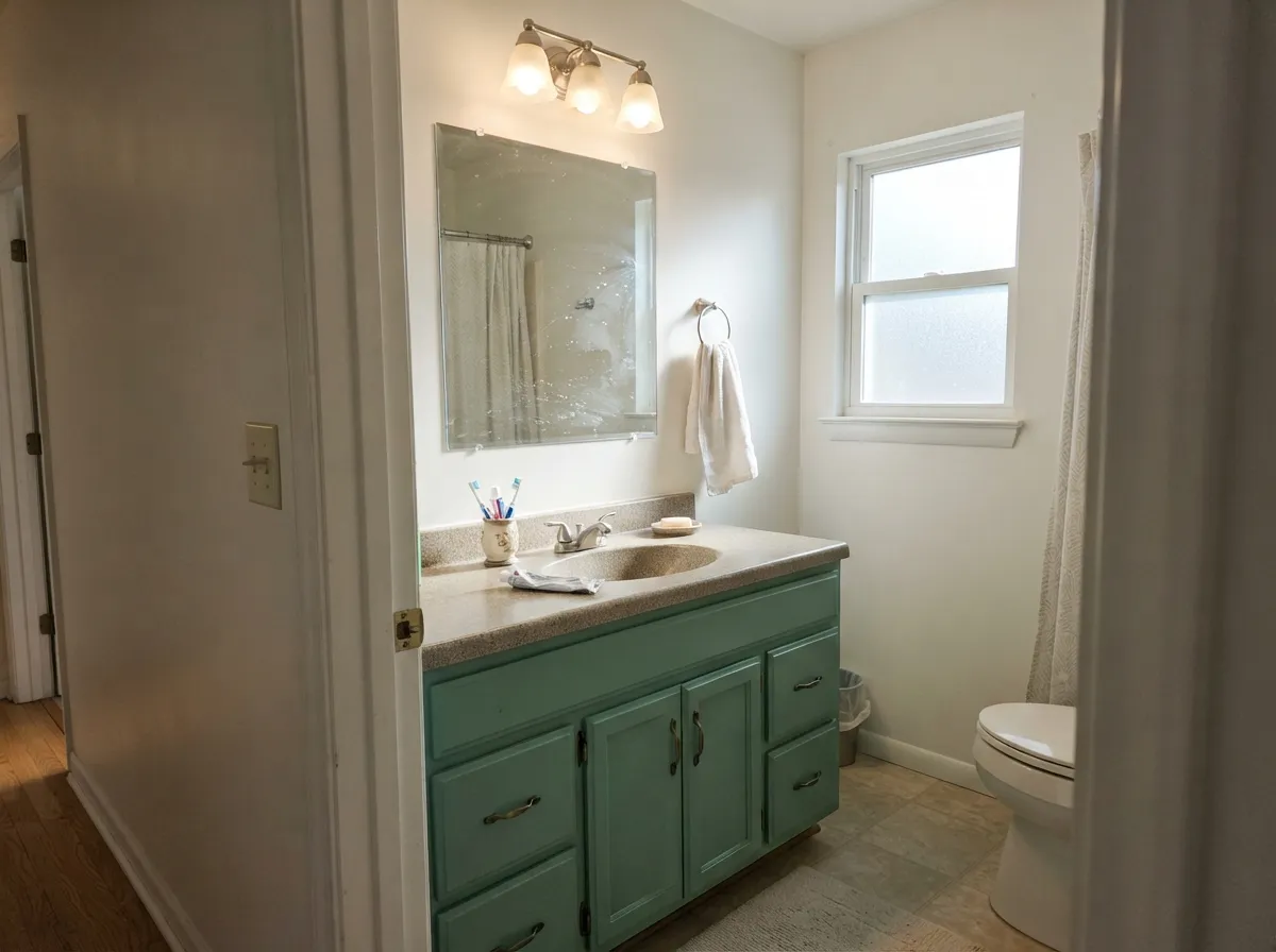 On a vanity under white walls it reads custom rather than painted — the strongest thing this color does.