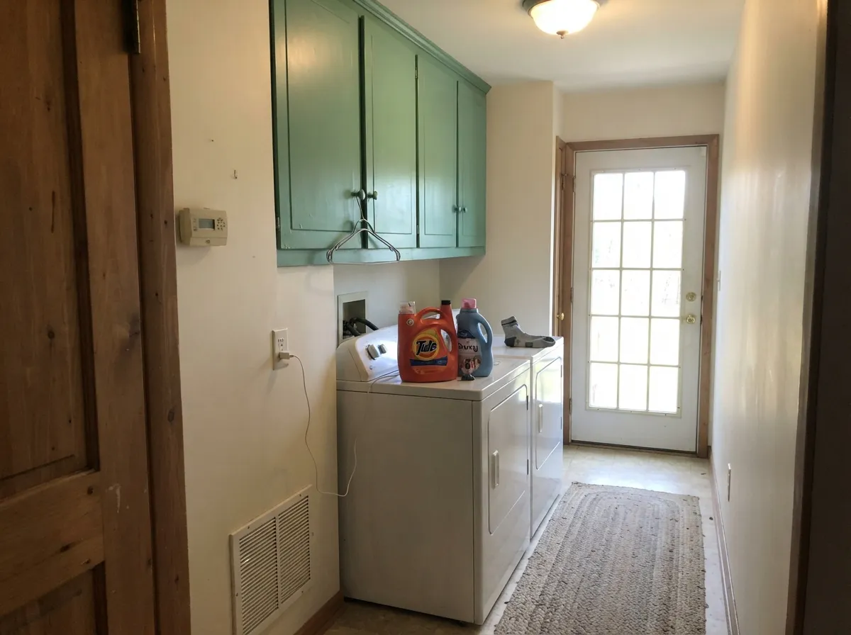 Small utility rooms are where a saturated green is safest — the laundry bank hides scuffs a white one would broadcast.