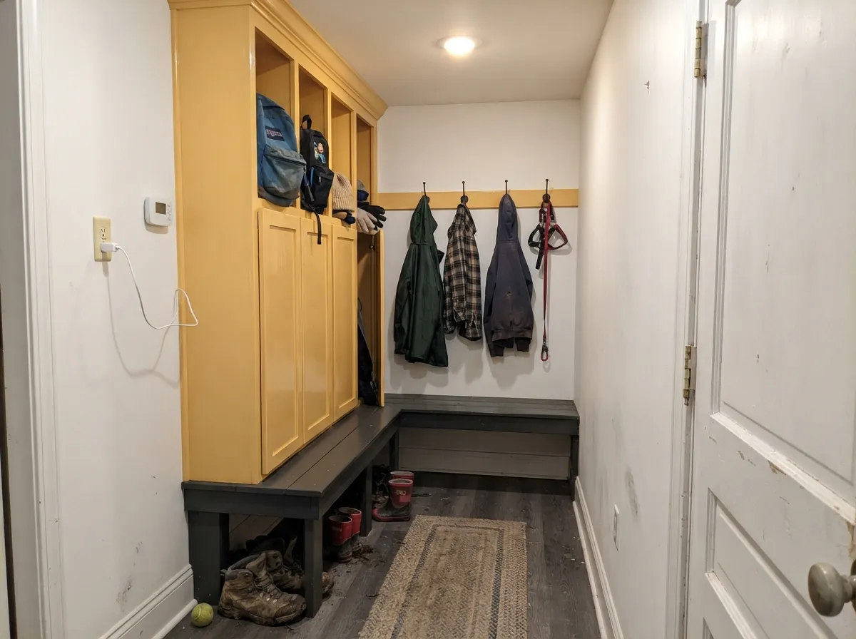 The cheapest good decision in the house: yellow lockers turn a windowless mudroom into a room, and the charcoal bench gives the eye somewhere to land.