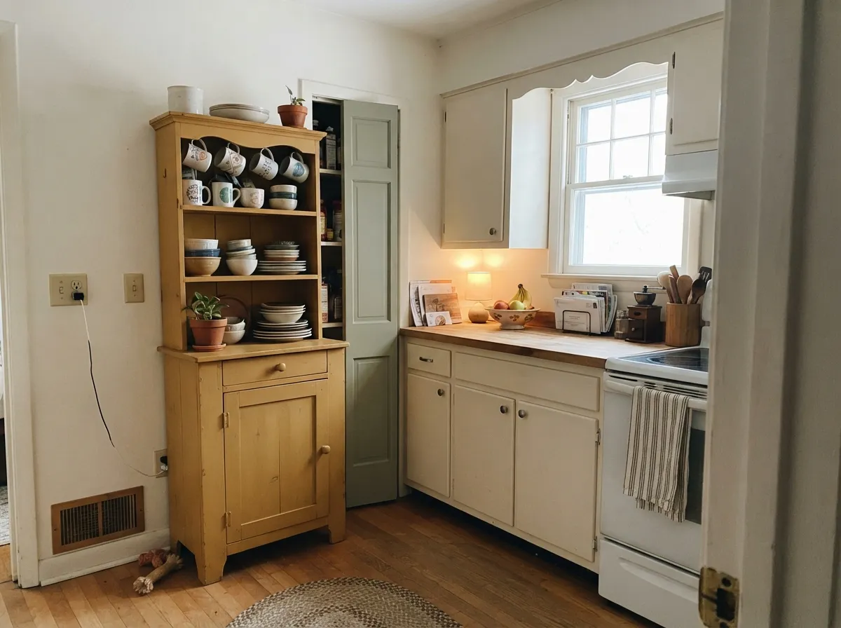 Yellow works in a kitchen the way it works everywhere: on one object. The hutch carries the color, the warm white and muted green absorb it.