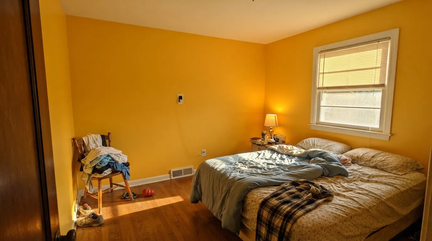 The honest shot: four walls of June Day in late west sun goes molten and tints the ceiling gold — the exact situation behind almost every yellow-paint regret story.